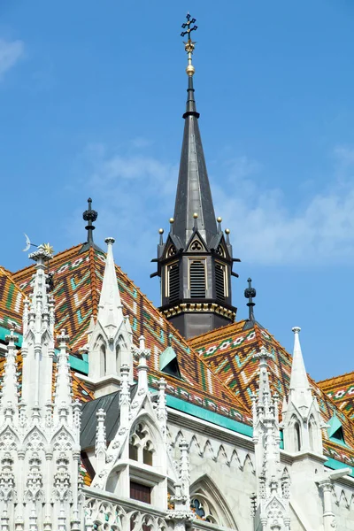 Kolorowy Dach Czarna Iglica Historycznego Xiv Wiecznego Kościoła Króla Macieja — Zdjęcie stockowe