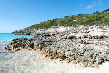 Yarım Ay Cay üzerinde kayalık bir sahil manzarası ve ıssız bir ada (Bahamalar)).