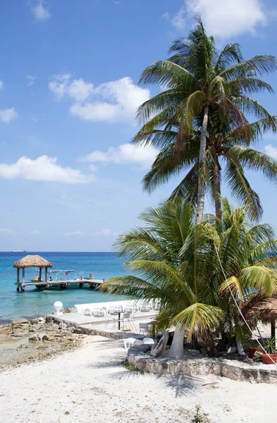 Piaszczysta Skalista Plaża Drewniane Pomost Nurkowy Kurorcie San Miguel Wyspie — Zdjęcie stockowe