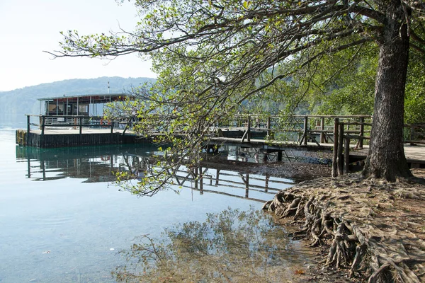 Molo Legno Dove Traghetto Porta Turisti Attraverso Lago Nel Parco — Foto Stock