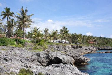 Mare Adası 'ndaki Tadine köyünde (Yeni Kaledonya) kayalık bir kıyı şeridi manzarası).