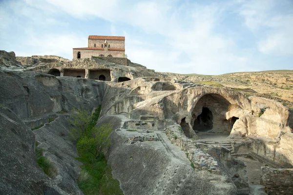 Vista Noturna Uplistsikhe Cidade Antiga Século Esculpida Dentro Cavernas Basílica — Fotografia de Stock