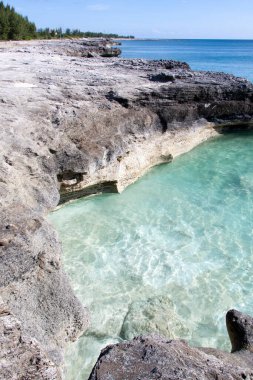Büyük Bahama adasındaki kayalık kıyı şeridini yıkarken şeffaf suların manzarası..