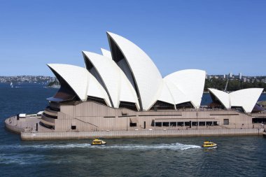 Sidney 'de limandan geçen sarı taksi tekneleri (New South Wales).