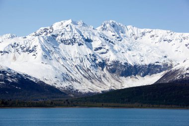 The scenic view of snowy mountains on May in Glacier Bay national park (Alaska).