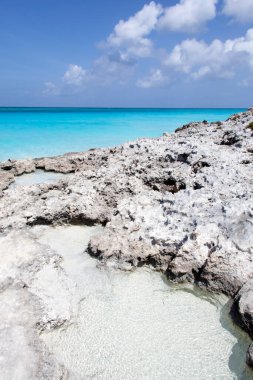 The scenic view of a transparent water as a natural bathtub on Half Moon Cay island rocky shore (Bahamas).