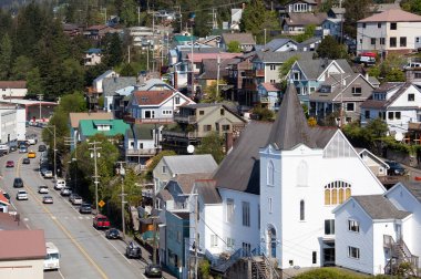 The aerial view of a wooden church on a main street in Ketchikan (Alaska).