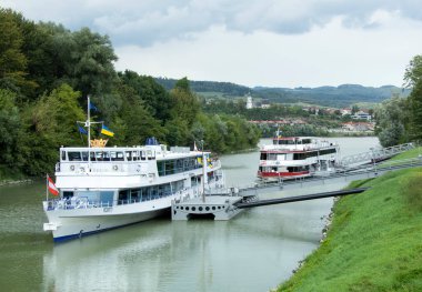 The view of ferry boats moored in Melk town port on Danube River (Austria).