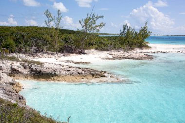 The aerial scenic view of a rocky coastline and a small sandy beach on Half Moon Cay island (Bahamas).