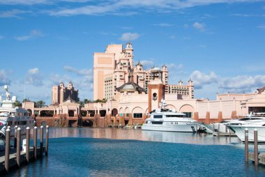 The morning view of luxury yachts moored in marina on Paradise Island (Bahamas).