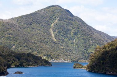 The scenic view of a mountain and water bay in Fiordland national park (New Zealand).