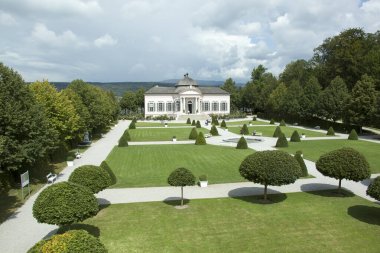 The aerial view of a formal 18th century garden inside historic Melk Abbey in Melk town (Austria).