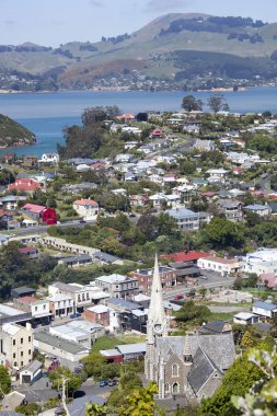 The aerial view of Port Chalmers town church and residential district (New Zealand).