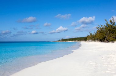 Half Moon Cay 'deki boş bir sahil ve turkuaz renkli suların sabah manzarası ıssız (Bahamalar)).