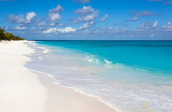 Utsikten Tom Sandstrand Turkise Fargebølger Half Moon Cay Ubebodd Bahamas – stockfoto