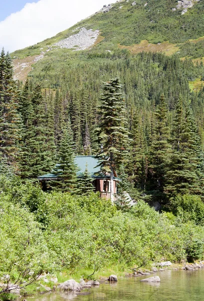 スカグウェイ アラスカ州 郊外のアッパーデューイ湖による海抜900メートルの小さな木造キャビンの夏の景色 — ストック写真