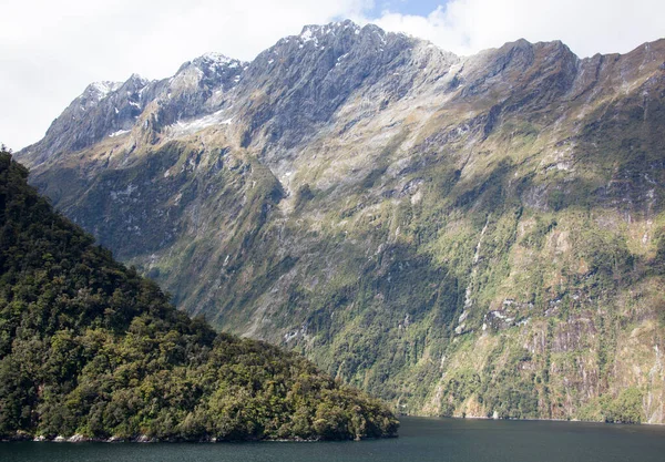 Scenic View Green Coastline Covered Forest Steep Mountains Fiordland National — Stock Photo, Image