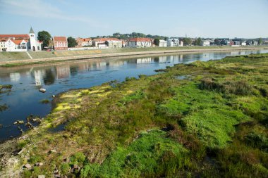 Kaunas şehrindeki sığ Neman Nehri 'nin ilk sonbahar manzarası ve normal nehir akışı sırasında su altında olması gereken bir manzara (Litvanya).