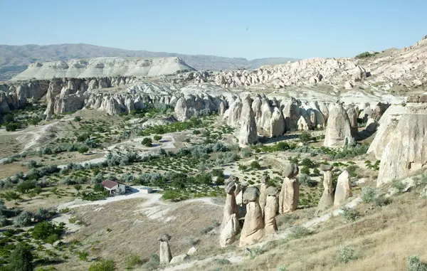 Panoramic View Valley Famous Eroded Rocks Cavusin Village Cappadocia Region Stock Photo