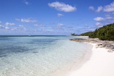 Little Stirrup Cay turizm adasındaki (Bahamalar) boş bir plajın renkli suları.).