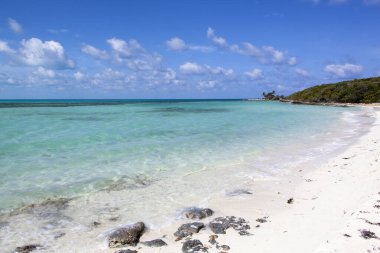 Issız Küçük Stirrup Cay Adası 'ndaki (Bahamalar) boş bir plajın manzarası).