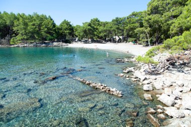 Antalya ilinin Phaselis antik kent körfezi ve halk plajı manzarası (Antalya, Türkiye).