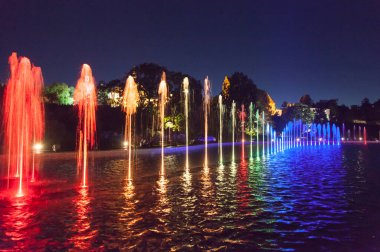Varşova şehir merkezinde dans eden renkli çeşme manzarası (Polonya).