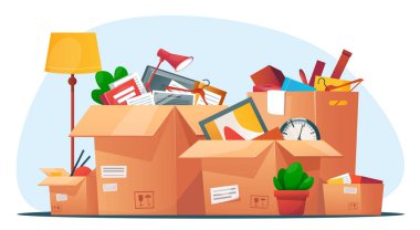 Yeni bir yere taşınma fikri, taşınmak için paketlenmiş ev eşyalarıyla dolu karton kutular.