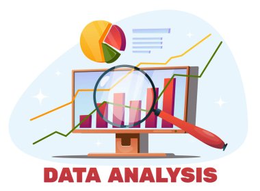 Bilgi ve verileri analiz etme kavramı, büyüteç ve grafikli bir bilgisayar monitörü