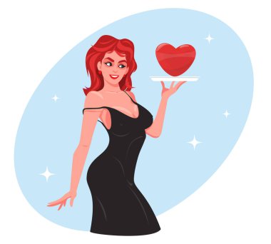 Seksi kız bir kalbi tepside tutar, güzel kadın sevgi sunar.