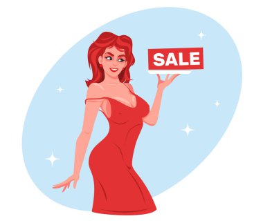 Kırmızı elbise ve satış tabelası içinde güzel seksi bir kız, kızıl saçlı ve güzel vücutlu bir kadın.