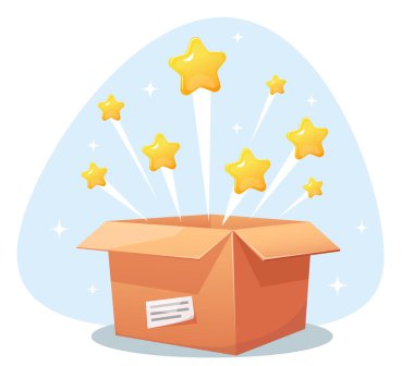  İçinde sürpriz olan karton bir kutu, kutudan altın yıldızlar uçuyor. Stok vektör illüstrasyonu