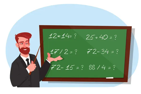 Lærer Ved Blackboard Underviser Lekse Mannlig Professor Matematikk Lagervektorillustrasjon – stockvektor