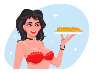 Kırmızı sutyenli seksi kız tepside para tutuyor. Stok vektör illüstrasyonu