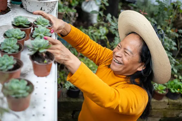 Bitkilerle ilgilenirken gülümseyen Meksikalı kadın