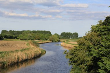 Hollanda kırsalında, ağaçlı tarlalar ve ilkbaharda mavi gökyüzü arasında rüzgarlı bir dere manzarası.