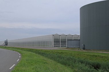 Hollanda kırsalında büyük bir sera kompleksi ve bir su havzası.