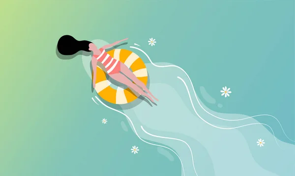 ボートと人間がリリー湖のイラストベクトルデザインの背景に泳ぐ自然池のイラストデザイン — ストックベクタ