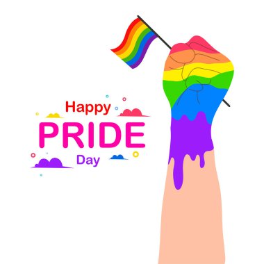 Happy Igbt Pride Day vektörü için vektör LGBT pankartı. Gurur ayı. Gökkuşağı kalbi ve gökkuşağı bilezikli zafer eli. LGBTQ bayrağı.  