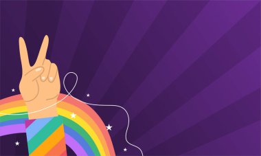 Happy Igbt Pride Day vektörü için vektör LGBT pankartı. Gurur ayı. Gökkuşağı kalbi ve gökkuşağı bilezikli zafer eli. LGBTQ bayrağı