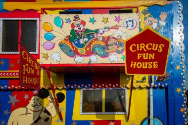 Canterbury, England, 28 May 2023: Circus Fun House fun attraction at British funfair in Canterbury England on 28 May 2023.  clipart