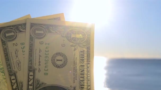 Elinde Dolar Banknotları Tutan Kişi Parlak Güneş Mavi Gökyüzü Durgun — Stok video