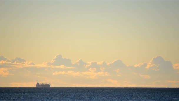 Sylwetka Zbiornikowców Ziarnami Panoramie Morza Szybko Poruszające Się Chmury Żółtym — Wideo stockowe