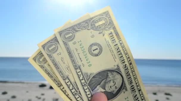 手中拿着面值为一美元的纸钞的人 背景是灿烂的阳光 蓝天和平静的蓝海 蓝海蓝天背景下的一块钱纸钞 — 图库视频影像