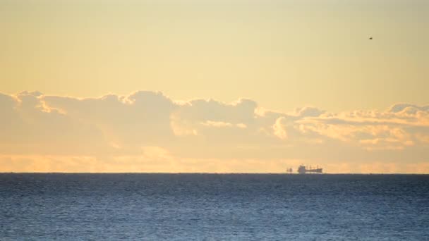 大海中地平线上的谷物运输船和日落时黄色蓝天上快速移动的云彩的轮廓 自然背景 — 图库视频影像
