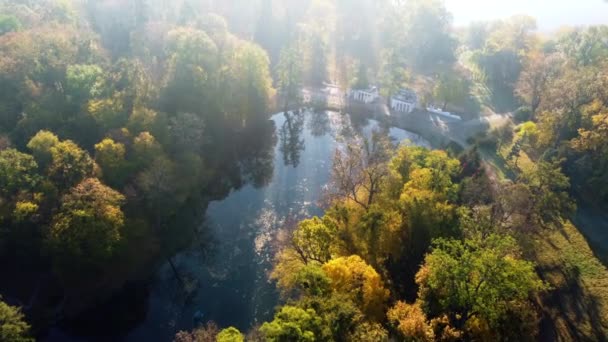 Pomalý Let Přes Stromy Výhled Jezero Bílými Sloupy Podzimním Parku — Stock video