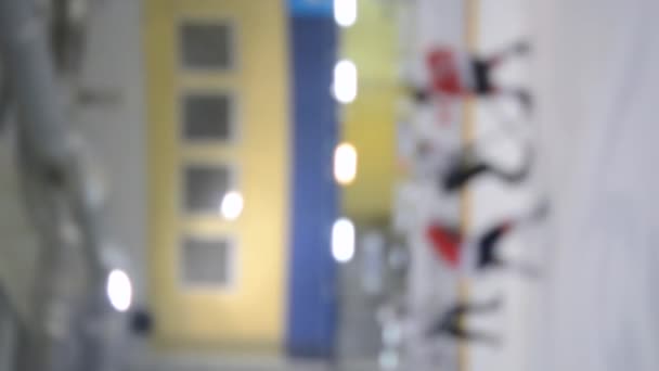 背景がぼやけている ホッケー選手のチームはホッケーをプレイ 少年たちはアイススタジアムでアイスリンクでホッケーをする アイスホッケーの試合選手権スポーツスケート競技リアルプロのゲーム垂直ビデオ — ストック動画