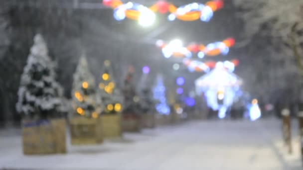 アブストラクトぼやけた背景 多くの装飾されたクリスマスツリーは 冬の夜の大雪の間に街の明るい照明 輝くライトやガーランドで飾られた通りに沿って立っています — ストック動画