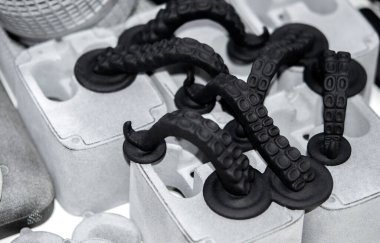 Modeller 3D yazıcıda basıldı. Siyah nesneler ahtapot dokunaçları plastikten yapılmış 3 boyutlu yazıcıya basılmış. Yüzey 3D baskı modelleri. Şekillerin prototipleri 3D yazıcı yaptı. Yazdırma teknolojisi