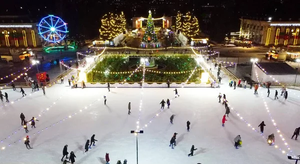 Many People Skating Beautiful Ice Skating Rink Open Air Decorated — Stock Photo, Image